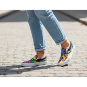 Vans Hand Painted Colorful Psychedelic Black Flower Print Womens 8.5 Slip On